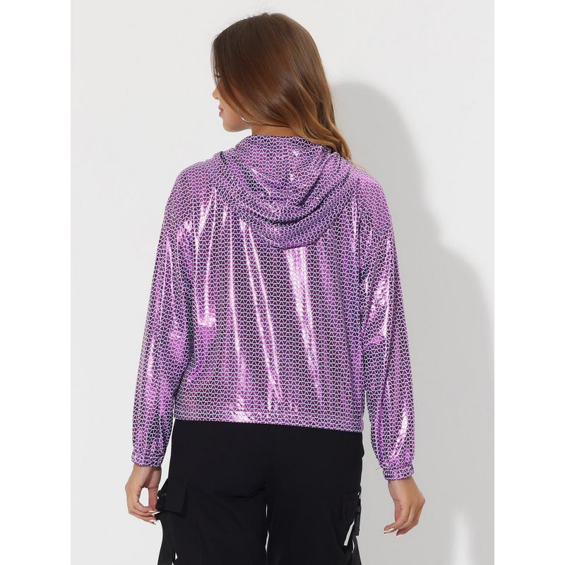 Allegra K Women's Holographic Shiny Long Sleeve Zipper Hooded Metallic Jacket, 5 of 7