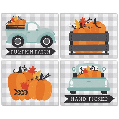 Big Dot of Happiness Happy Fall Truck - Unframed Harvest Pumpkin Linen Paper Wall Art - Set of 4 - Artisms - 11 x 14 inches