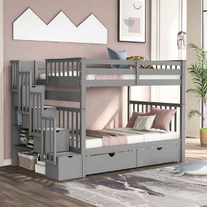 NicBex Full over Full Bunk Bed Convertible Wooden Bed Frame with Storage Stairs, Shelves, Drawers and Guardrail, No Box Spring Required - 1 of 4