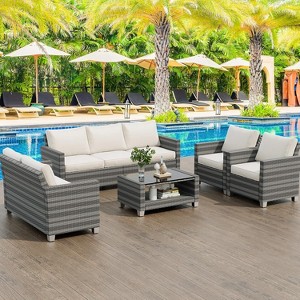 Outdoor Wicker Patio Furniture Sectional Set, Glass Top Table with Hidden Storage, Includes 7 Seating Components, Natural Rattan with Cushions - 1 of 4