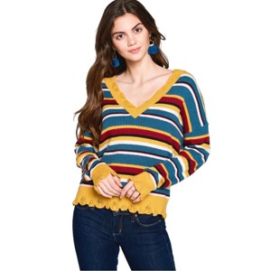 Slickblue Striped Knit Sweater for Women, V-Neck, Ruffled Hem Detail, Casual & Trendy, Grey/Mustard, S-M/M-L - 1 of 4