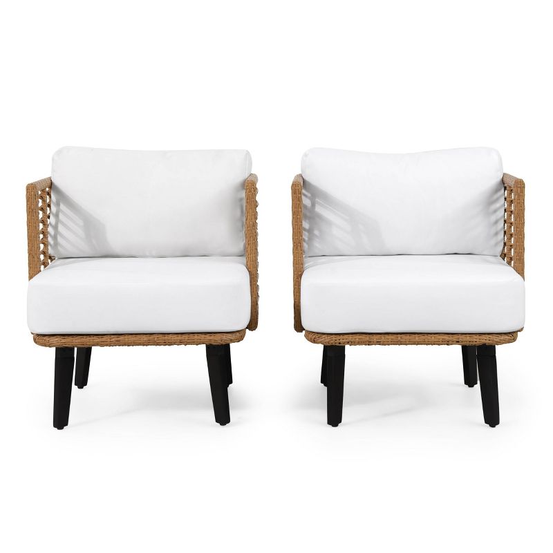Nic 2pk Outdoor Wicker Club Chairs with Cushions - Light Brown/White - Christopher Knight Home, 1 of 12