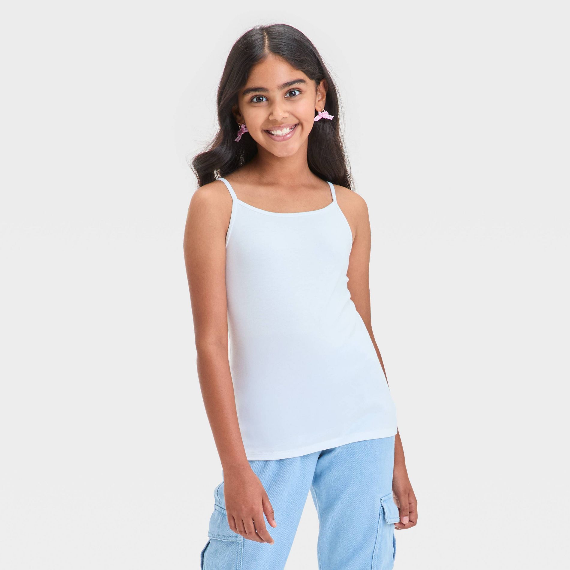 Girls' Cami Top - Cat & Jack™ White S: Cotton Blend, Adjustable Strap, Squareneck, Sleeveless, Pullover Style