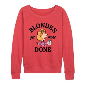 Women's - Peanuts - Blondes Get More Done Lightweight French Terry Wide Neck Long Sleeve Graphic Shirt - 1 of 4