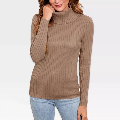 Womens Ribbed Knit Pullover Sweater with Turtle Neck and Long Sleeve Design
