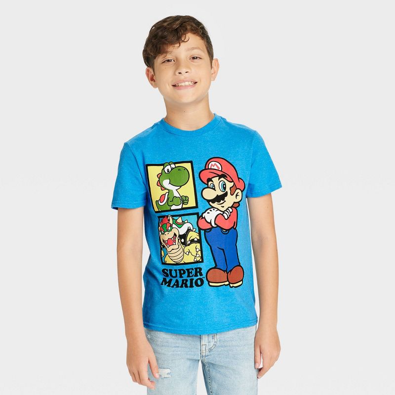 Boys' Super Mario Yoshi & Bowser Short Sleeve Graphic T-Shirt - Blue, 1 of 4