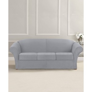 4pc Ultimate Stretch Suede Sofa Slipcovers Light Gray - Sure Fit: Indoor Furniture Protector, Zipper Closure, Machine Washable - 1 of 3