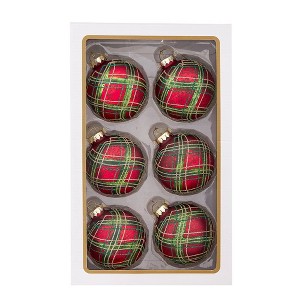 Kurt Adler 80MM Glass Matte Red and Green Striped Ball Ornaments, 6-Piece Set - 1 of 4