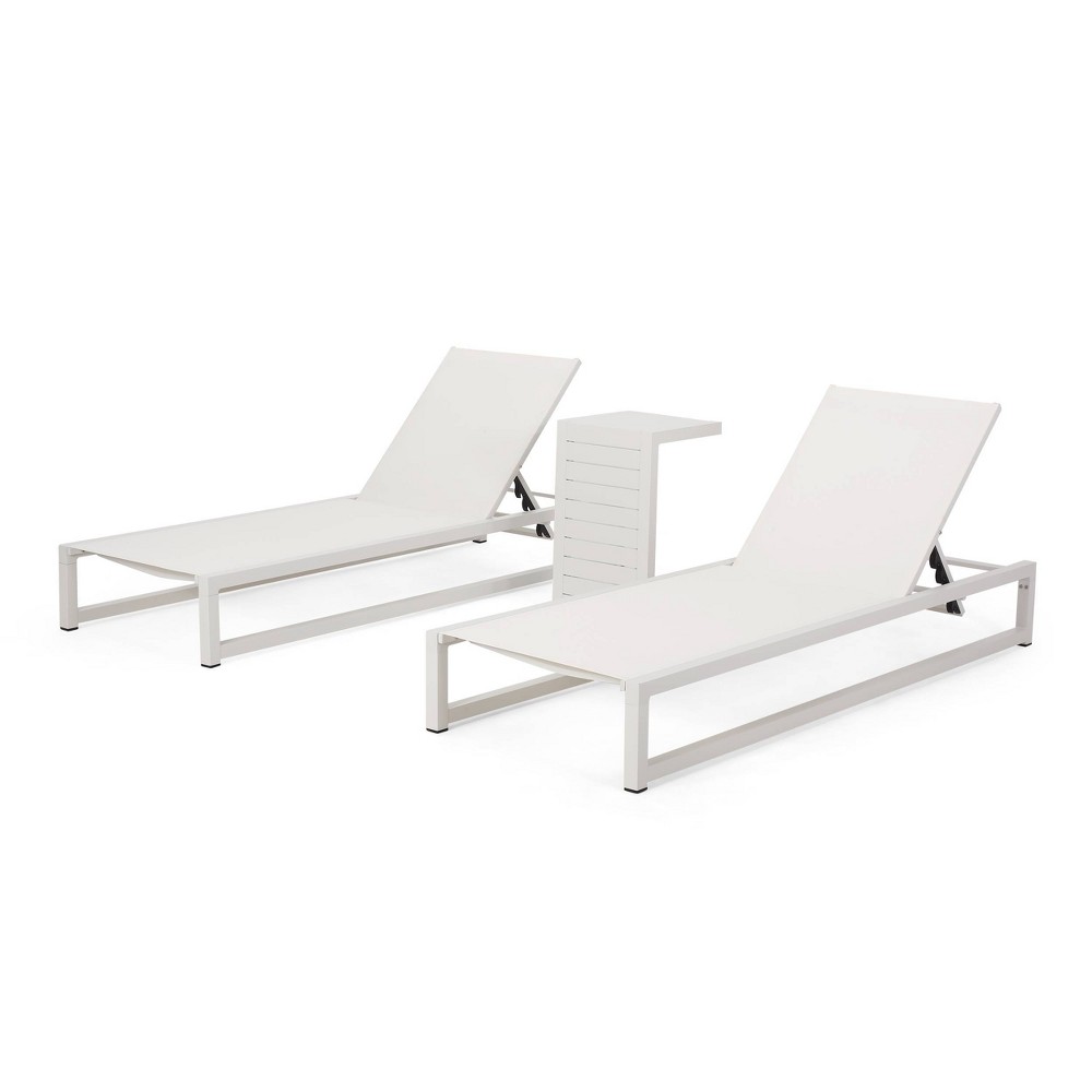 3pc Modesta Patio Aluminum Chaise Lounge Set with C Shaped End Table White Christopher Knight Home