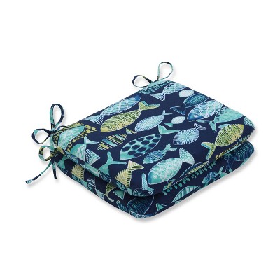 2pk Hooked Lagoon Rounded Corners Outdoor Seat Cushions Blue - Pillow Perfect