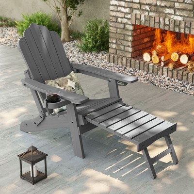 Sonkuki Folding Adirondack Chair with Retractable Ottoman, Fire Pit Patio Chair with Cup Holder Lawn Outdoor Lounge Chair