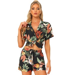 Allegra K Women's Floral Tropical Vacation Beach Hawaiian Button Down Shirt and Short Set - 1 of 4