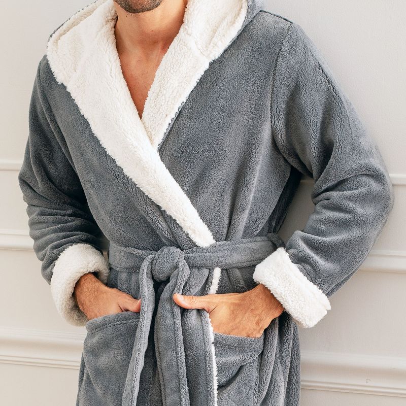 Men's Warm Winter Plush Hooded Bathrobe, Full Length Fleece Robe with Hood, 6 of 7