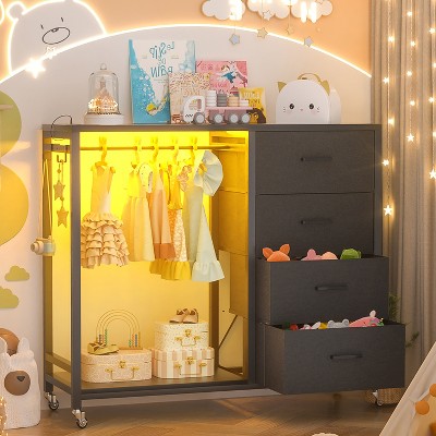 Aheaplus Dressers with Clothes Rack, Charging Station and Led Light, 4 Drawers Dresser for Bedroom