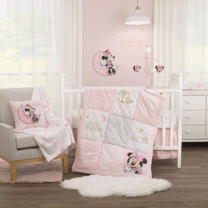 Disney Minnie Mouse Twinkle Twinkle Minnie Pink, White and Metallic Gold 3 Piece Crib Bedding Set, 1 of 7