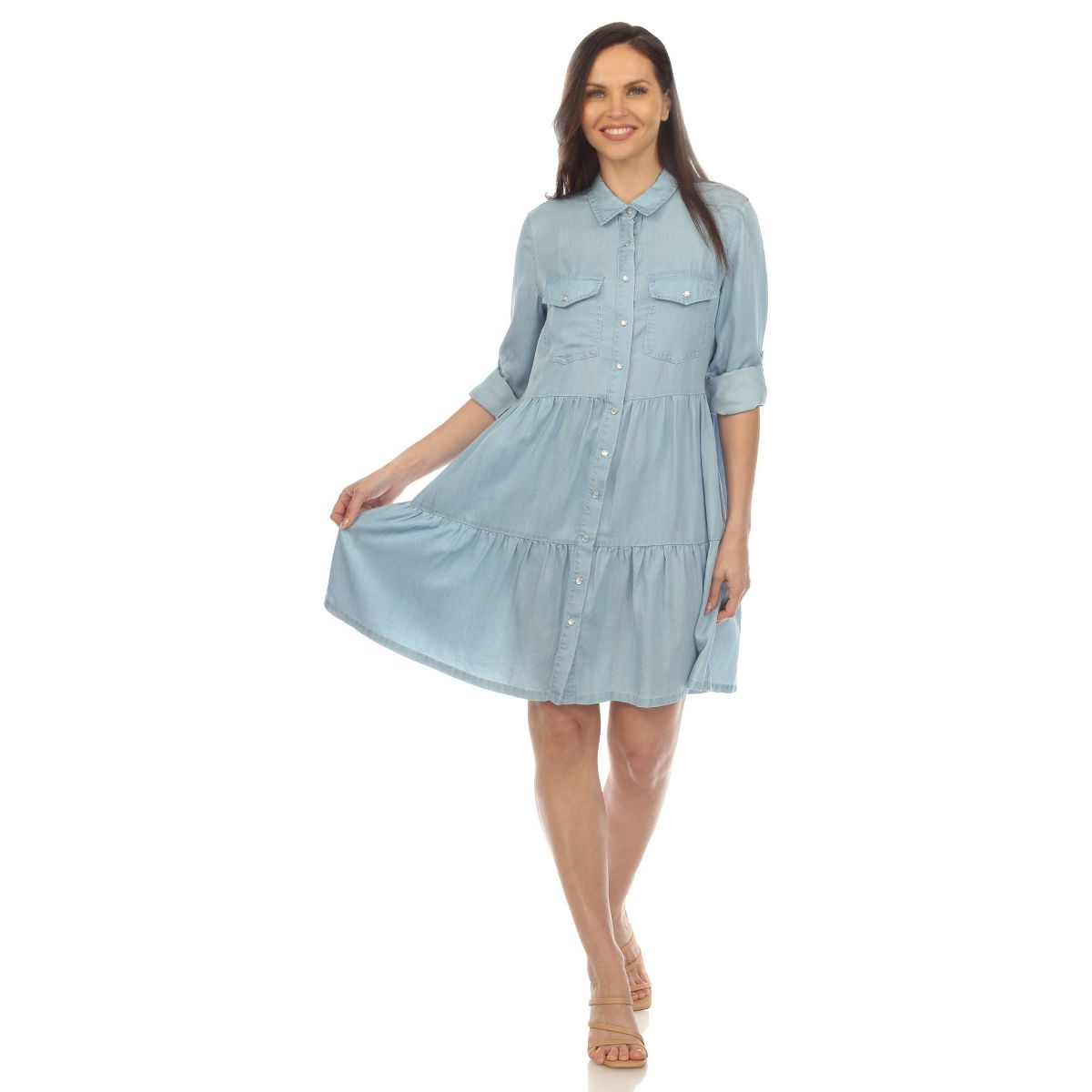White Mark Women's Long Sleeve Tiered Midi Shirt Dress