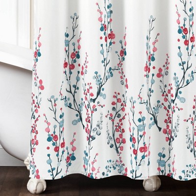 Mirabelle Watercolor Floral Polyester Shower Curtain in Blue and Coral