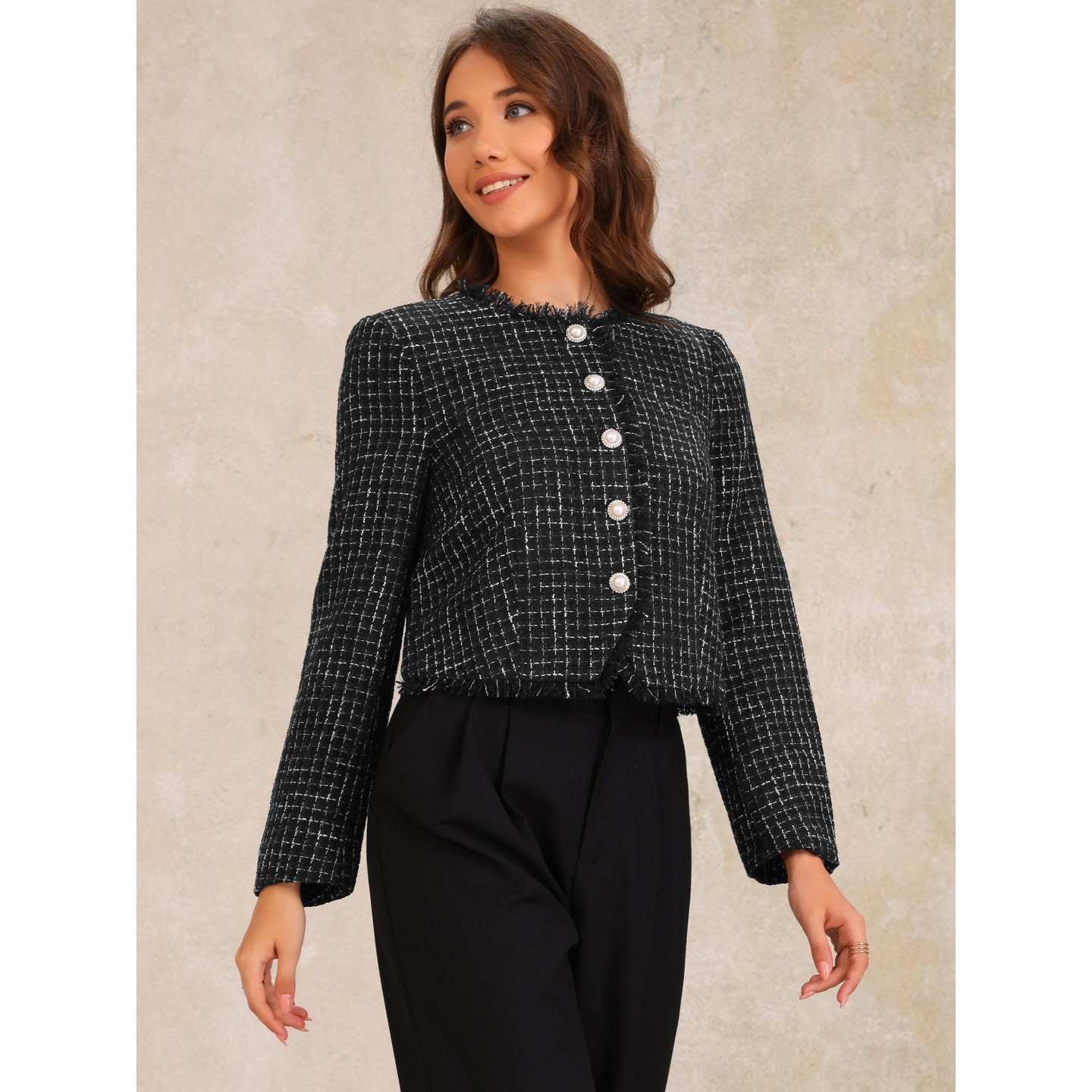 Женский пиджак Allegra K Plaid Tweed Crew Neck Cropped Button Up Elegant Work Blazer Black, цвет: Чёрный — фото 4