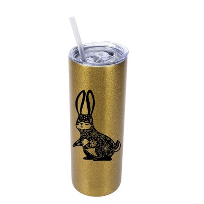 Elanze Designs Floral Rabbit 20 Ounce Double-Walled Stainless Steel Insulated Slim Travel Tumbler with Lid and Straw, Vegas Gold