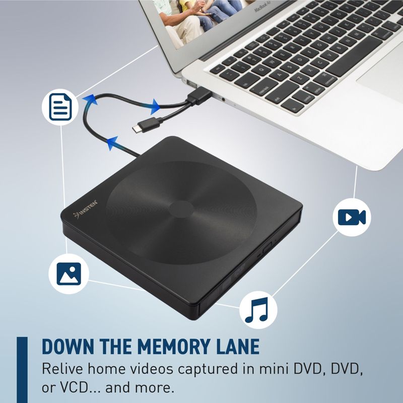 Insten External CD DVD Drive for Laptop, USB 3.0 Type-C Portable CD DVD Player Burner Reader Rewrite Optical Disk, Black, 2 of 10