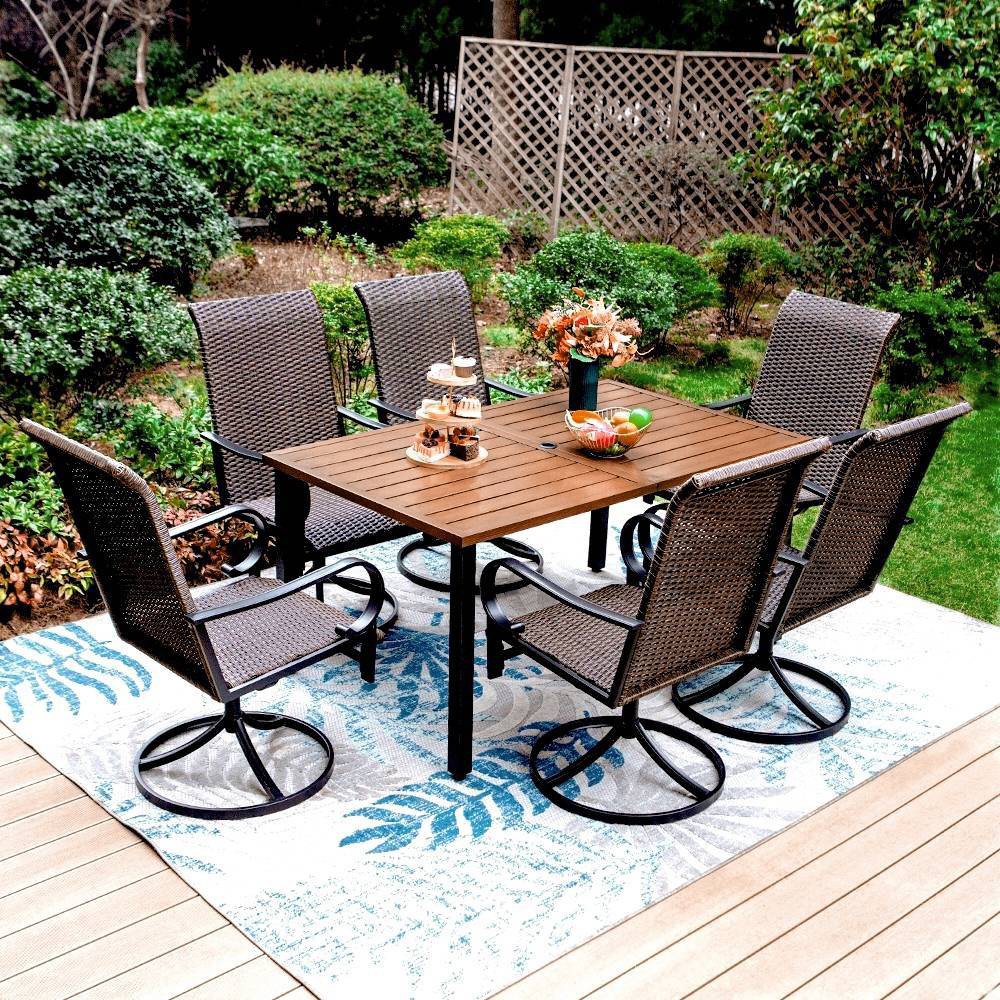 Photos - Garden Furniture 7pc Patio Dining Set - 360 Swivel Chairs, Rectangle Steel & Faux Wood Tabl