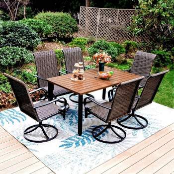 7pc Patio Dining Set - 360 Swivel Chairs, Rectangle Steel & Faux Wood Table, All-Weather Rattan, Rust-Resistant - Captiva Designs