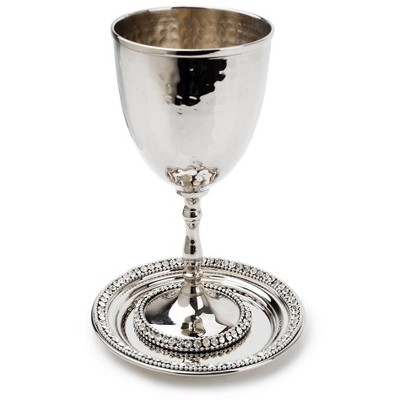 Classic Touch Stainless Steel Kiddush Cup and Tray with Crystal Beads