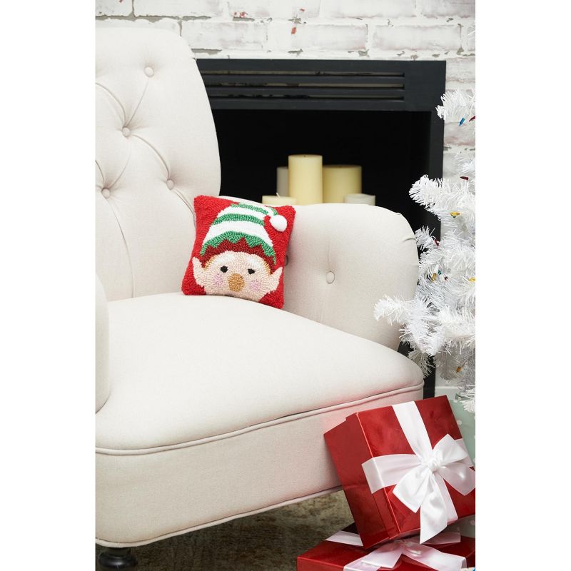 C&F Home 8" x 8" Christmas Peek-A-Boo Elf Face on Red Background Petite Accent Hooked Throw Pillow, 4 of 6