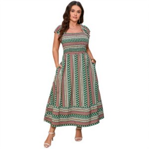 Clearlove Plus Size Women's Square Neck Shirred Floral Print Pocket Maxi Dress Casual Elegant Long Gown - 1 of 4