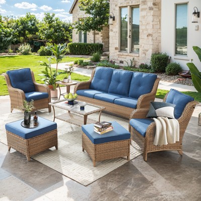 Gymojoy 7 Piece Outdoor Wicker Sofa with Patio Chairs with Coffee Table and Ottoman Sets