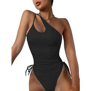 Eomenie Women's One Piece One Shoulder Swimsuit with Drawstring Tummy Control Bathing Suit High Cut Swim Suits - 1 of 3