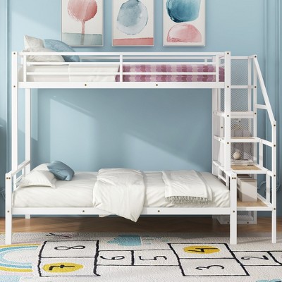 YOOCOZZ Twin Over Full Metal Bunk Bed with Storage Staircase and Built-in Small Wardrobe