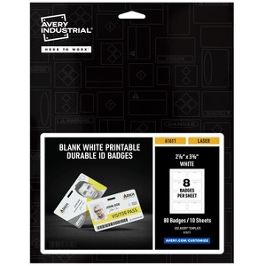 Avery Durable Wide ID Badges for Lanyards, Laser Printable on Both Sides, Blank White, 80 Total, 3.375" x 2.125" (61611) - 1 of 4