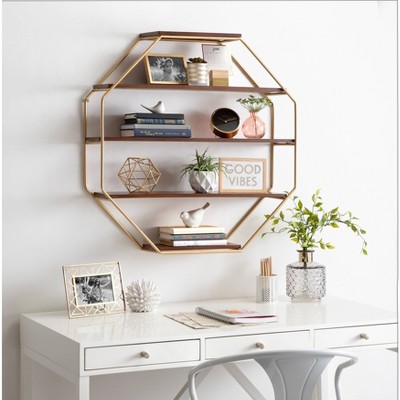 Walnut Brown and Gold Octagon Floating Wall Shelves