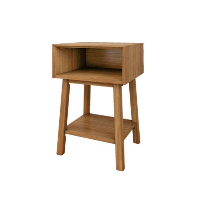 Pecan Mid-Century Modern Wooden Nightstand with Cubby Shelf