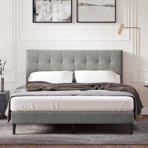 Glenwillow Home Kaya Upholstered Platform Bed, Buttonless Tufting, Mattress Foundation, Wood Slat Support, No Box Spring Needed, Stone, Queen - 1 of 4