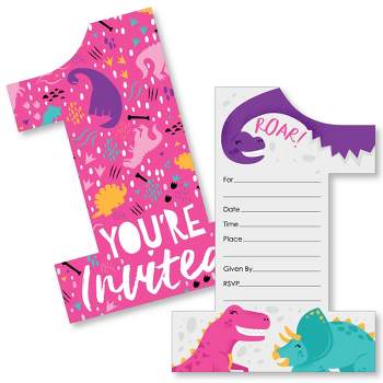 Big Dot of Happiness 1st Birthday Roar Dinosaur Girl - Shaped Fill-In ONEasaurus Dino First Birthday Party Invitation Cards with Envelopes - 12 Ct