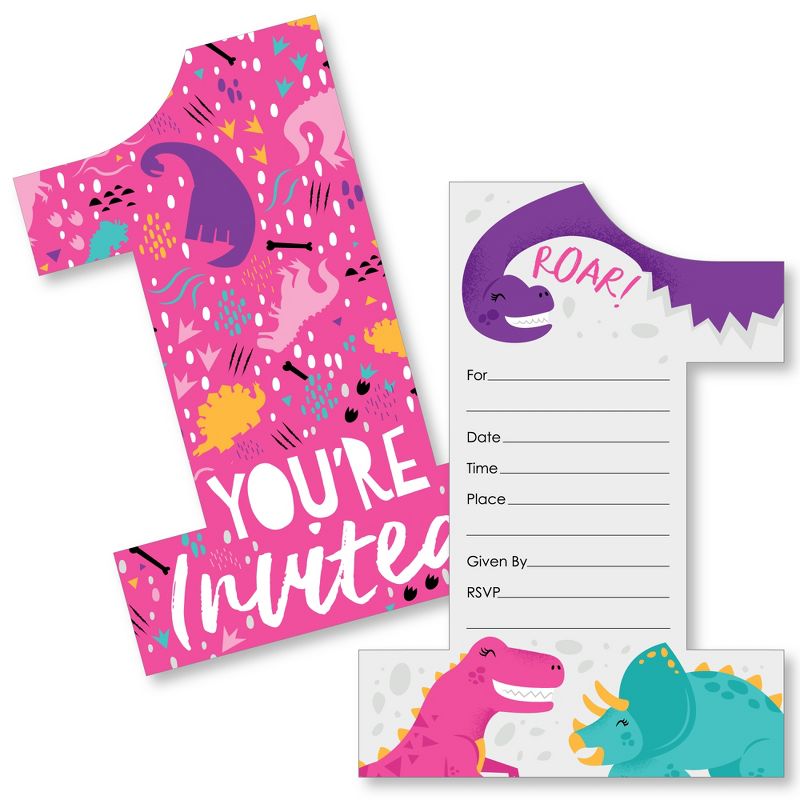 Big Dot of Happiness 1st Birthday Roar Dinosaur Girl - Shaped Fill-In ONEasaurus Dino First Birthday Party Invitation Cards with Envelopes - 12 Ct, 1 of 8