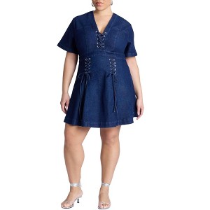 ELOQUII Women's Plus Size Lace Up Denim Mini Dress - 1 of 4