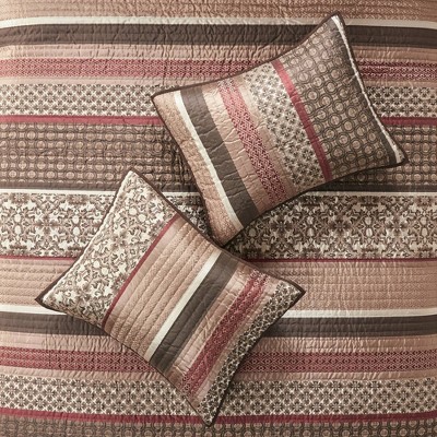 King Red Cotton Reversible Jacquard Quilt Set