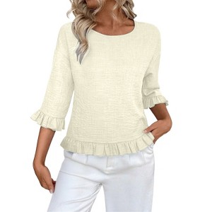 Coolmee Womens Ruffle 3/4 Length Sleeve Tops Casual Linen Blouses Crew Neck Drop Shoulder Dressy Shirts Outfits - 1 of 4