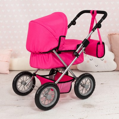 Hot Pink Adjustable Handle Doll Pram with Shoulder Bag