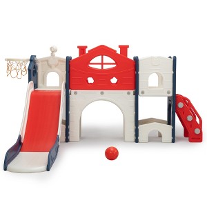 Sandinrayli 8-In-1 Toddler Slide and Climber Playset, Kids Slide Playground with Tunnel, Red/Green/Gray - 1 of 4