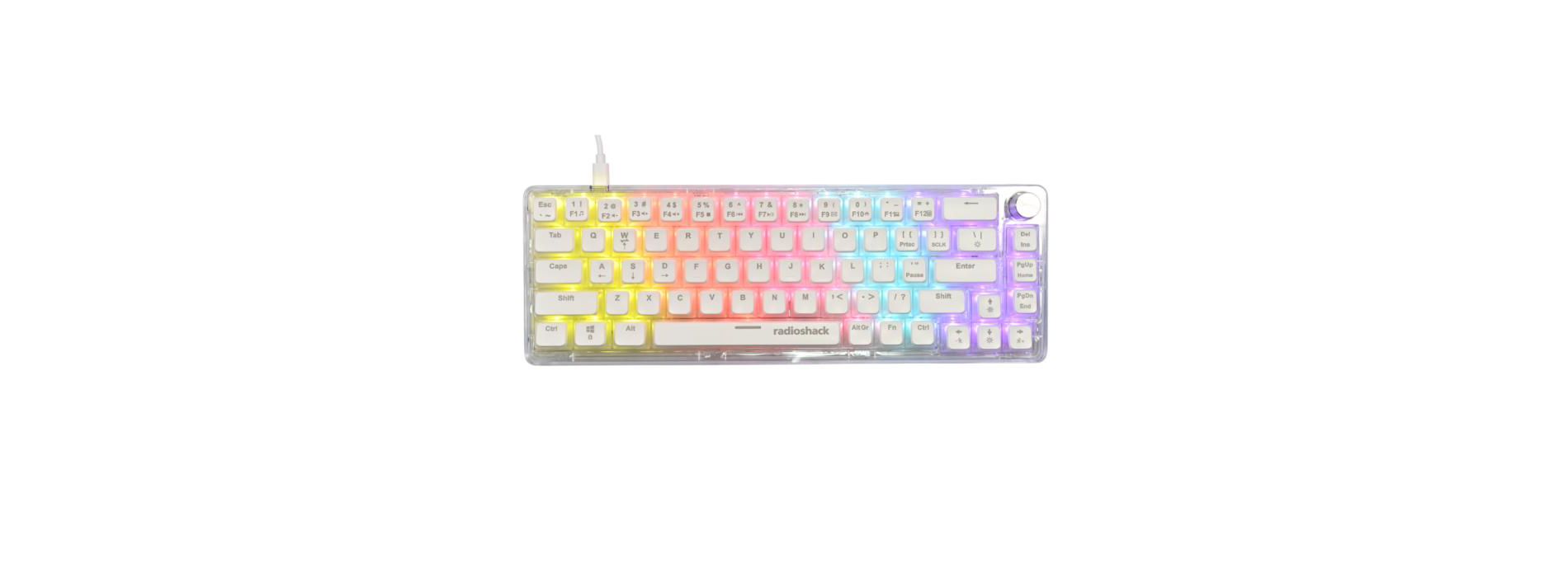 RadioShack Wired USB-A Gaming Keyboard, Transparent Mechanical Design, RGB Backlit, 67 Keys, Rotary Knob, Anti-Ghosting, Durable Build