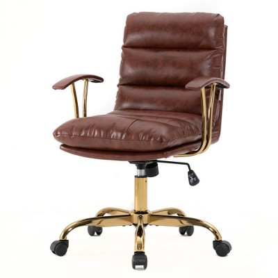 Walnut Brown Leather Executive Swivel Office Chair with Gold Base