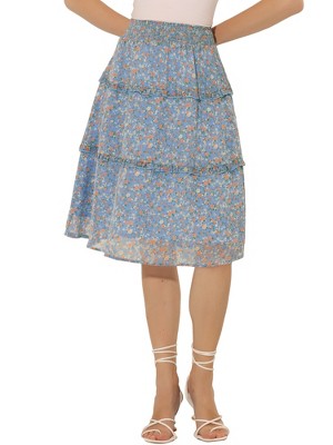 Allegra K Women's Floral Print Smocked Elastic Waist Midi Flowy Tiered Ruffle Skirt