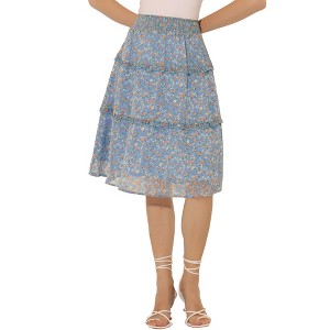 Allegra K Women's Floral Print Smocked Elastic Waist Midi Flowy Tiered Ruffle Skirt - 1 of 4