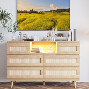 Zstar Rattan 6 Drawers LED Dresser with Charging Station for Closet, Living Room, Hallway - 1 of 4