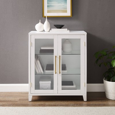 White Glass Door Kitchen Pantry Storage Cabinet with Gold Hardware