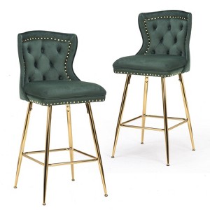 PexFix 2Pcs Bar Stools Velvet Counter Height Bar Stools with Metal Legs Button Tufted and Nailheads Trim Wing-Back Bar Chairs Green - 1 of 4